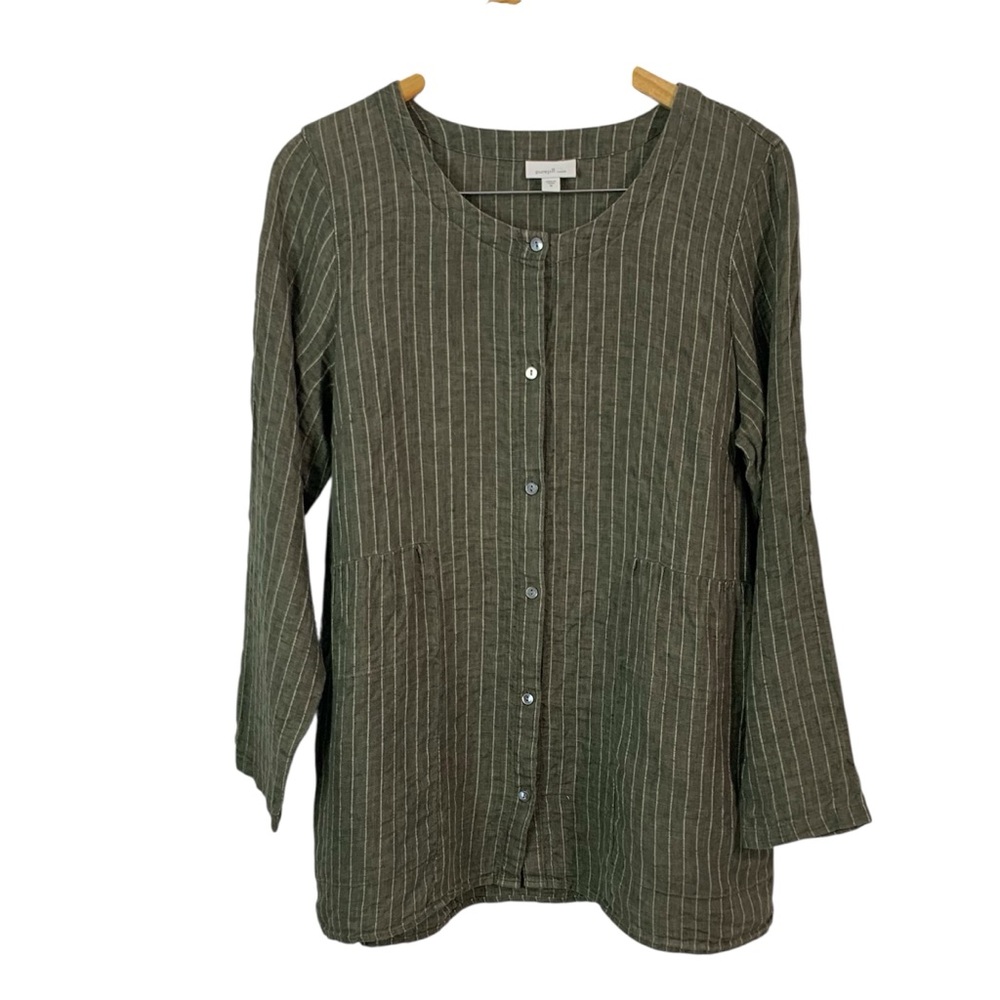 PUREJILL Striped Linen Button Up Top w/ Pockets Sz M